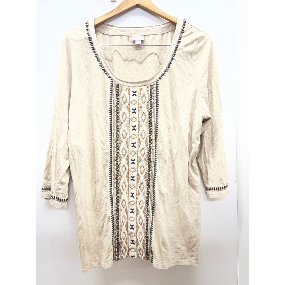 J. Jill XL Beige Embroidered Slub Knit Tunic Top 3/4 Sleeve Boho Scoop Neck